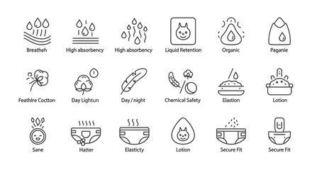 Fototapeta premium minimalist line art baby diaper feature icons set highlighting absorbency breathability and skin safety attributes.