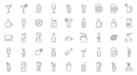 Fototapeta premium minimalist line art beverage icons illustrating diverse drinks and drinkware for cafes bars and restaurant menus