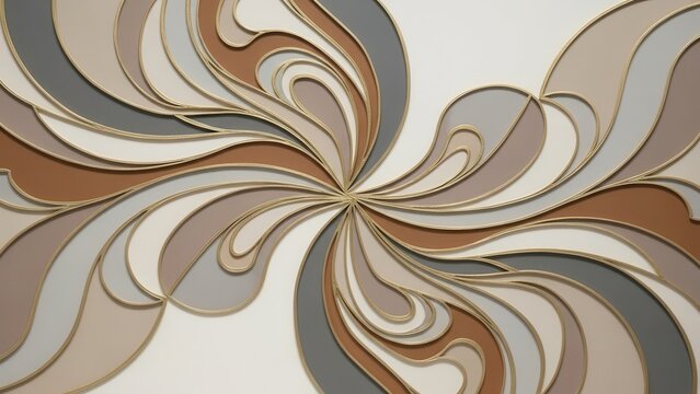 Abstract, elegant, intricate, and harmonious layered geometric pattern with dynamically swirling matte panels in muted earthy tones, accented by gleaming metallic gold outlines, radiating outwards
