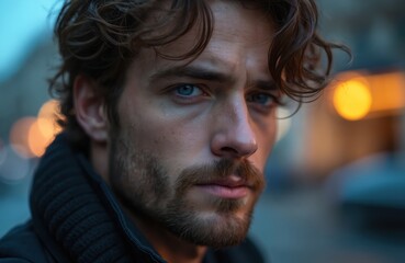 Fototapeta premium Man with blue eyes and tousled hair gazes thoughtfully. Masculine face with stubble, soft lighting, and a confident expression. Casual style, urban atmosphere, natural beauty captured.