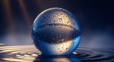 Crystal sphere with water droplets on a rippling surface, blue and gold lighting, zen atmosphere.