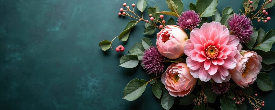 Pink dahlia and peony flowers arrangement on dark green textured background. Berries on branch with leaves. Empty space for text. Seasonal floral bouquet for invitations or banners.