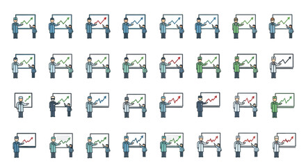 Collection of various graph and chart icons with people working on laptops.