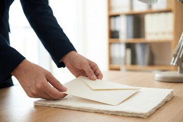 Businessman in a suit placing a formal envelope on a stack of paper on an office desk