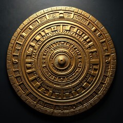 Golden Mayan calendar circular pattern. Intricate geometric symbols on dark background. Ancient art design, detailed craftsmanship. Cosmic history, cultural heritage.