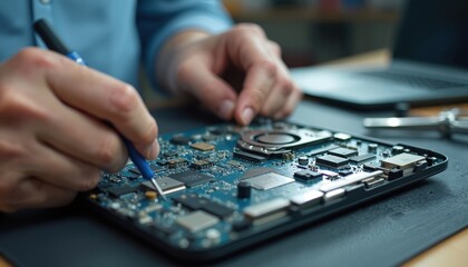 Hands of tech specialist work on laptop motherboard with tools. Man fixes computer hardware circuit board in workshop. Professional repair service of digital device.