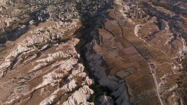 Aerial view of deep valleys of Cappadocia, Turkey