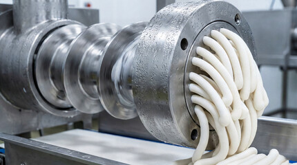 Industrial food extrusion machine processing thick product onto a conveyor belt in a manufacturing facility