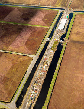 Canada, BC, Delta.  Cranberry fields and irrigation canals in agricultural district south of Vancouver.