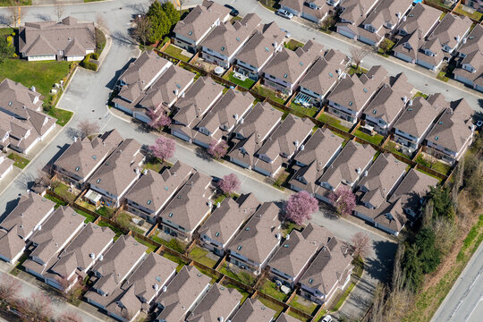 Canada, BC, Richmond.  Aerial view of single family dwellings in suburban neighbourhood.