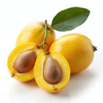 Fresh marula fruit, whole and halved, showing large brown seed. Yellowish-orange drupe with green leaf on branch. Healthy, organic produce for food and diet. Juicy flesh.