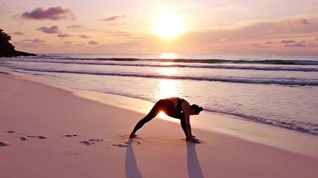 Yoga Sun Salutation Beach At Dawn Aerial View Peaceful Wellness Stock Video
