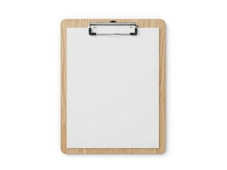 A wooden clipboard with a blank white sheet of paper and a silver clip