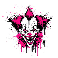 Scary Clown Face with Pink Splatter - Horror Halloween Illustration