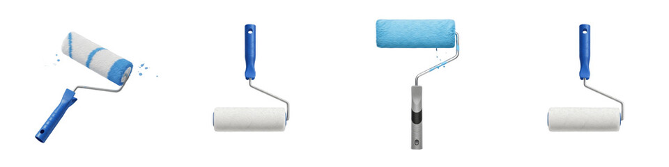 Obraz premium Set and collection of professional paint rollers with blue handles and white foam covers isolated on white transparent png background.