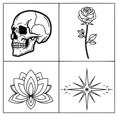 Fototapeta premium A collection of intricate black and white illustrations featuring a skull, a rose, a lotus, and a star.