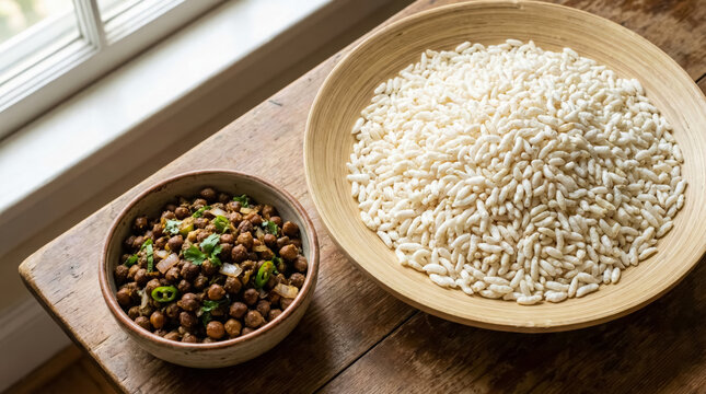 Bangladeshi Puffed Rice (Muri) with Spicy Chickpeas and Onion &ndash; Ramadan Iftar Snack Isolated on Wooden Table
