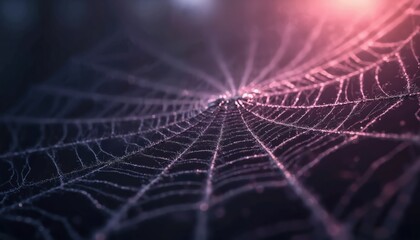 Naklejka premium Close-up of a dew-covered spiderweb with dark gradient background and soft pink light. Intricate web strands create a mysterious atmosphere perfect for Halloween themes or nature macro shots.