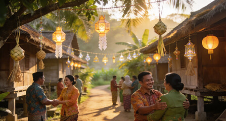 Traditional Indonesian house with Eid decorations, ketupat ornaments, green and gold colors, clean composition, digital painting style,