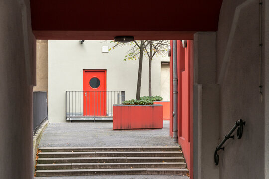 Germany, Berlin.  Architectural detail of residential building entrance in the former East Berlin district.