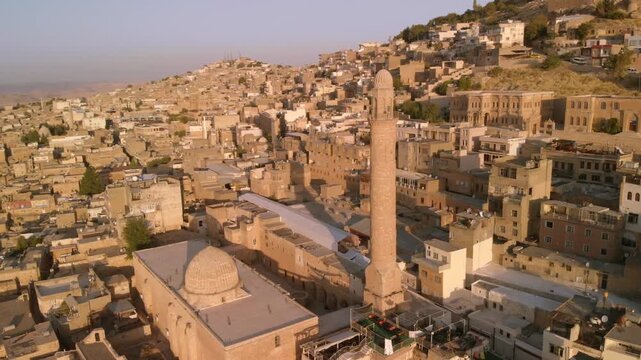 Drone orbit around Ulu Camii mosque in Mardin city, Eastern Turkey