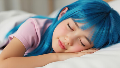 Obraz premium Serene Slumber: A peaceful scene of a young person with vibrant blue hair, embracing a moment of tranquility and deep rest as she lies asleep on the bed.