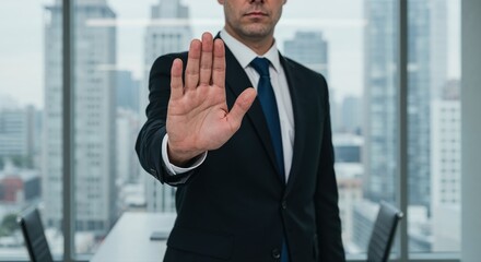 Fototapeta premium Business Professional's Gesture: A poised business professional, clad in a sharp suit and tie, extends a hand in a clear stop gesture, conveying authority and control.