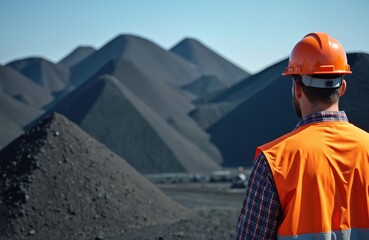 Worker wearing orange safety vest and helmet surveys vast coal piles at an industrial facility. Man observes large mounds of dark material under a clear blue sky.
