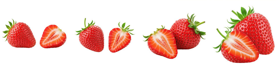 Set and collection of fresh ripe strawberries and juicy strawberry halves isolated on white transparent png background.