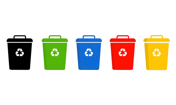 Colorful Recycling Trash Bins Set with Recycle Symbol, Waste Sorting and Environmental Management Concept