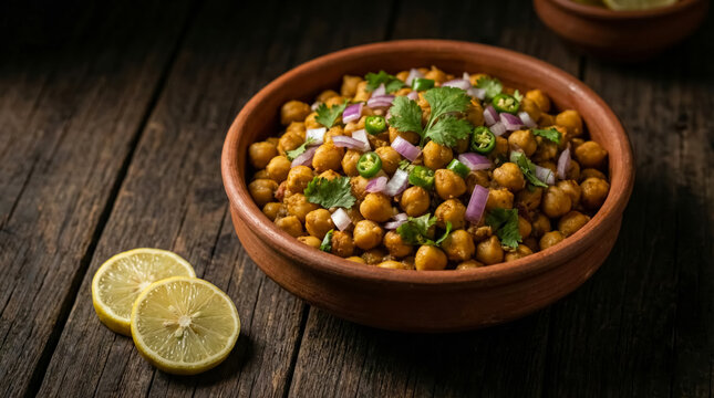 Traditional Bangladeshi Ramadan Chickpea Salad (Chola Boot) in Rustic Bowl &ndash; Iftar Food Photography on Dark Background