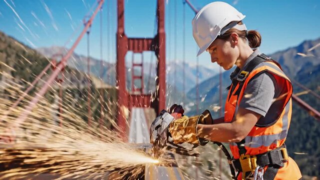 A construction worker wearing safety gear uses a power tool on a metal beam, with a bridge and mountainous landscape visible in the background under a clear, blue sky