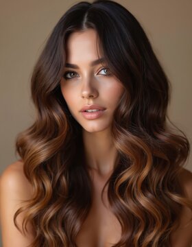 Woman with long wavy dark brown hair featuring subtle caramel highlights. Her hair has volume and shine, styled with natural soft movement for an elegant look. This hair color adds dimension.