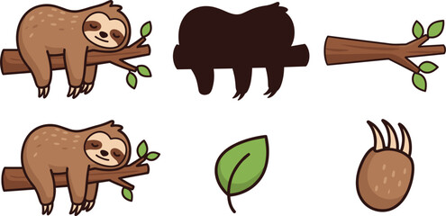 Fototapeta premium Sleeping Sloth on Tree Branch Vector Illustration Set with Cute Lazy Sloth Character Jungle Leaves and Wild Animal Silhouette Icons