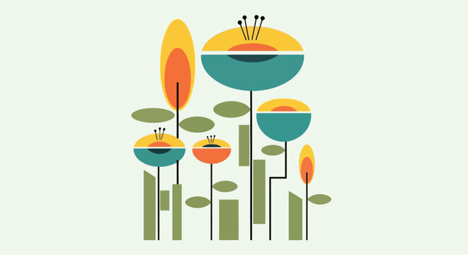 Vibrant illustration of abstract mushrooms with whimsical colors and patterns