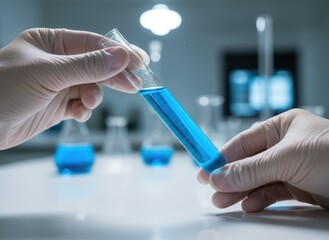 Scientist's gloved hands hold a glass test tube filled with bright blue liquid in a laboratory setting with scientific equipment in the background under cool lighting