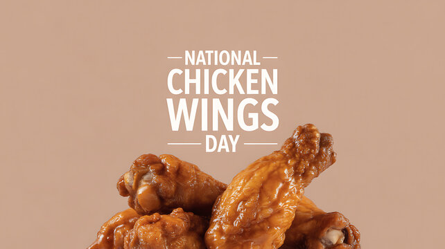 National Chicken Wings Day celebration with a close-up of golden-brown fried chicken wings on a neutral background.