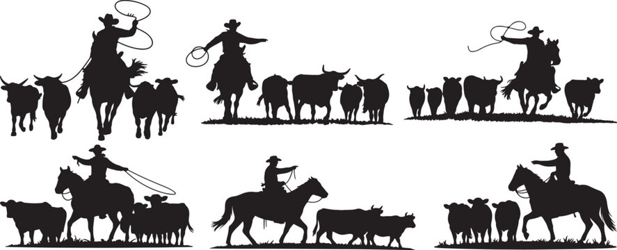 Set of Cowboy Herding Cattle Silhouette &ndash; Western Ranch Farm, black and white silhouette, vector and illustration	