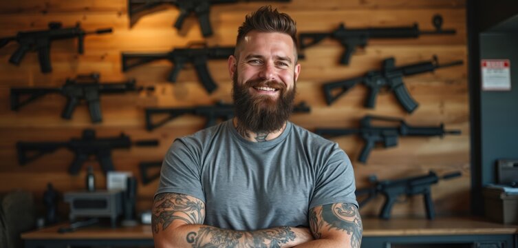 Smiling man with beard, tattoos stands arms crossed inside gun shop. Rifles displayed on wall behind. Represents seller proud owner of firearms. Confident demeanor. Safety, protection topics.