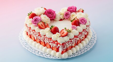 A beautifully decorated heart-shaped cake with strawberries and roses on a white plate