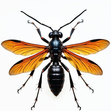 Close-up macro photo of a tarantula hawk wasp with vibrant orange wings and black body. This insect is shown isolated on a clean white background.