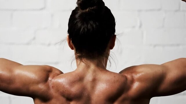 Back view of athletic woman doing pull ups. Strength and fitness.
