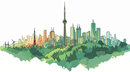 Naklejka premium Toronto skyline shows tall buildings and the CN Tower with trees and wind turbines during sunset in the background.