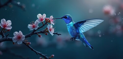 Obraz premium Blue hummingbird feeds on pink blossoms at night. Tiny bird hovers, drinks nectar from flower on dark background. Delicate wings spread wide. Small creature in garden.