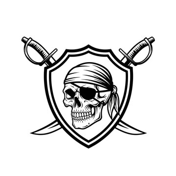 Pirate emblem with skull and crossed swords on shield.