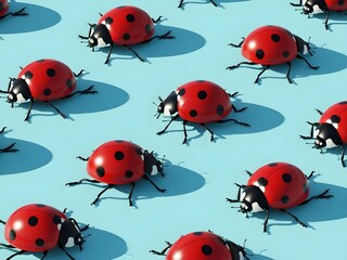 Fototapeta premium Vibrant red ladybugs arranged in cheerful, repetitive pattern, casting graphic shadows on bright blue, minimalist flat lay.