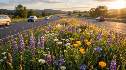 Naklejka premium Lupine poppies and daisies bloom bright beside a highway as cars pass at sunset