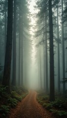 Obraz premium Path winds through tall trees in dense fog. Sunlight filters through mist creating mysterious, tranquil forest scene. Fallen leaves cover ground along winding trail. Moody atmosphere enhances woods.
