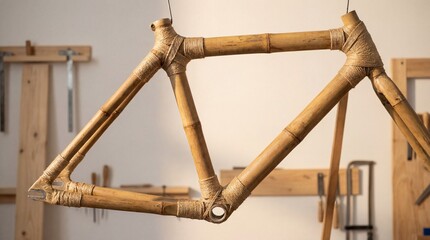 Eco-friendly bamboo bicycle frame with wrapped joints hangs in a bright studio