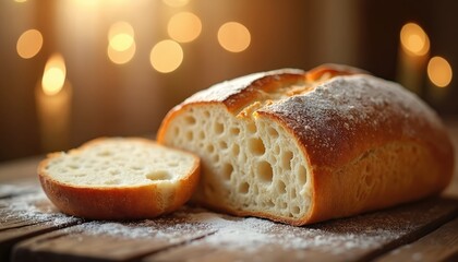 Crusty white bread sliced in half sits on wooden board. Soft bokeh lights glow from candles creating warm atmosphere. Close up on porous crumb texture.
